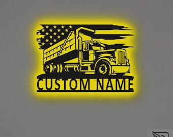 Custom US Dump Truck Metal Wall Art – RGB LED Garage Decor, Construction Vehicle Sign