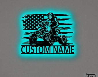 Custom Usa Flag ATV Rider Metal Wall Art – RGB LED Off Road Decor, Quad Name Sign