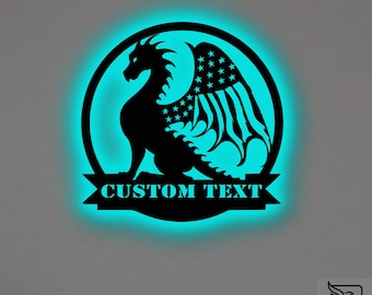 Custom USA Flag Dragon Metal Wall Art – RGB LED Fantasy Decor, Patriotic Sign