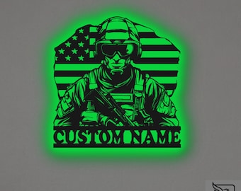 Custom US Soldier Metal Wall Art - RGB LED Military Decor, American Flag Sign