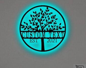 Custom Tree of Life Metal Wall Art – RGB LED Nature Decor, Family Name Sign