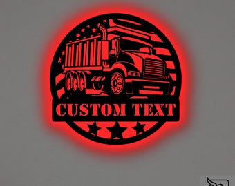 Custom US Dump Truck Metal Wall Art – RGB LED Garage Decor, American Flag Sign