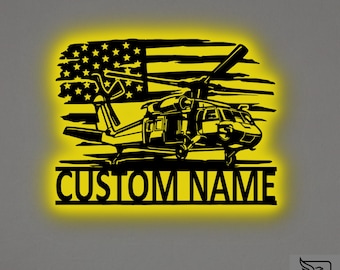 Custom Hawk Helicopter Metal Wall Art – RGB LED Army Decor, Veteran Sign