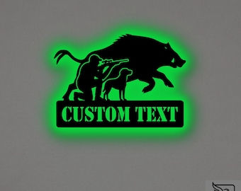Custom Wild Boar Hunting Metal Wall Art – RGB LED Cabin Decor, Hog Hunter Sign