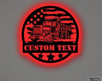 Custom US Dump Truck Metal Wall Art – RGB LED Construction Decor, American Flag Sign