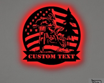 Custom USA Flag Motocross Metal Wall Art: RGB LED Garage Decor