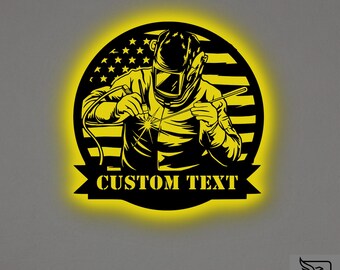 Custom USA Flag Welder Metal Wall Art – RGB LED Workshop Decor, Welding Name Sign
