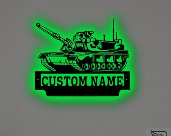 Custom US Military Tank Metal Wall Art – RGB LED Army Decor, Veteran Sign