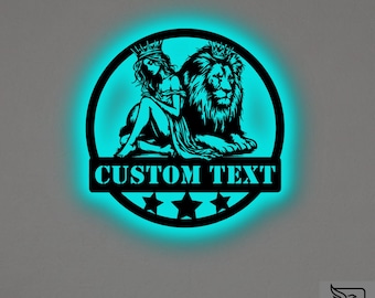 Metalowa dekoracja ścienna z kobietą i lwem – dekoracja RGB LED w stylu fantasy, znak królewski