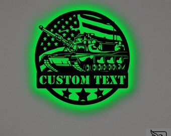 Custom US Military Tank Metal Wall Art – RGB LED Army Decor, Patriotic Sign