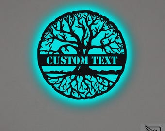 Custom Tree of Life Metal Wall Art – RGB LED Spiritual Decor, Family Name Sign