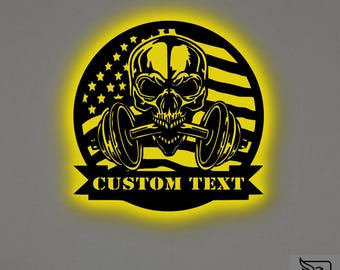 Custom USA Flag Skull Metal Wall Art – RGB LED Gym Decor, Patriotic Sign