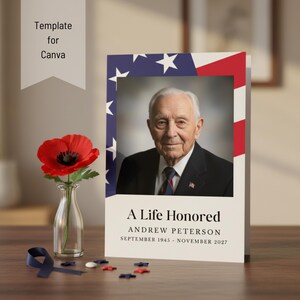 Veteran Funeral Program Canva Template | 4 Page Bifold, 5.5" X 11" with Obituary Guide