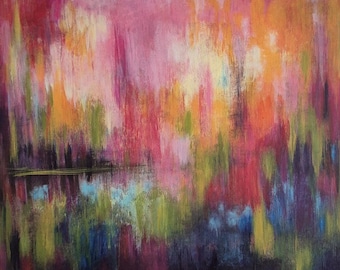 Dipinto astratto dipinto a mano, ricco di luce e colore. Transizioni dinamiche, profondità e movimento.