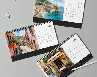 2026 Travel Desk Calendar - Scenic Coastal & Italy Art Calendar, Aesthetic Spiral Flip Calendar, Office Decor Gift