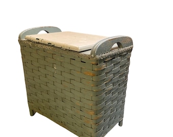 Cesto de ropa tejido vintage con tapa/Cesta de almacenamiento estilo cabaña/Organizador rústico de granja/Cesto de madera envejecida color aguamarina