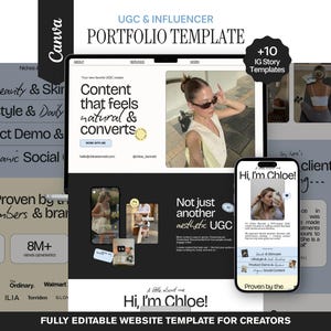 Puede incluir: Una plantilla de portafolio digital para UGC e influencers, con maquetas de sitio web y teléfono inteligente. El diseño incluye el texto "Content that feels natural & converts" y "Hi, I'm Chloe!" con ejemplos de categorías de contenido.