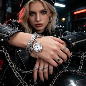 Handgemachte Punk Silber Uhr, quadratisches Zifferblatt Armbanduhr, ausgefallene Modeschmuck, Statement Armbanduhr für Frauen, trendiges Geschenk für sie