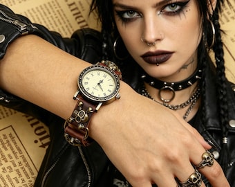 Punk Leder Uhr, Totenkopf Uhr, Handgefertigte Vintage Uhr, Gothic Style Uhr, Unisex Boho Uhr, Edgy Mode Accessoires