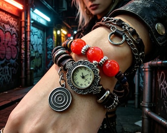 Punk Style Women's Watch, Vintage Leather Watch, Handmade Rock Watch, Statement Wrist Watch, Music Festival Jewelry,Edgy Fashion Accessories