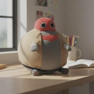 May include: A round plush toy featuring a red helmet with large white and black eyes, a tan jacket, and a grey torso with a red bat-shaped emblem on the chest. The figure has small grey arms and legs, and a spherical body shape.