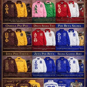May include: A collection of Divine 9 line jackets, each featuring Greek letters and organization names. Jackets come in various colors, including black, yellow, red, blue, and white. The text "LINE JACKETS COLLECTION" is at the top.
