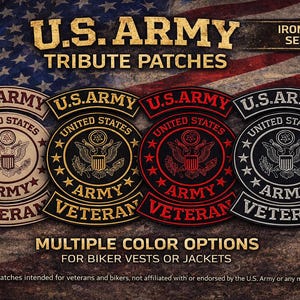 Puede incluir: Imagen de parches de homenaje al ejército estadounidense en beige, dorado, rojo y negro. Cada parche incluye el texto "U.S. ARMY", "UNITED STATES" y "ARMY VETERAN". Estos parches están diseñados para chalecos o chaquetas de motorista y son para planchar o coser.
