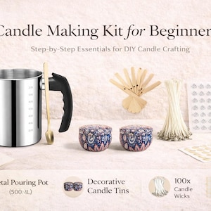 May include: A candle-making kit for beginners, featuring a metal pouring pot, decorative candle tins, wicks, and adhesive dots. The kit includes a gold spoon and wooden stirrers. The text on the image reads "Candle Making Kit for Beginners".