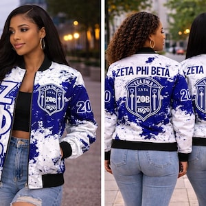 Sublimation Colors Faded Blue & White Zeta Phi Beta Satin Jacket Vintage Personalized Sorority Bomber Jacket Custom ZPB Line Name Number