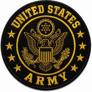 May include: A circular black patch with gold embroidered text and imagery. The words "UNITED STATES ARMY" are arched around the top and bottom. The center features an eagle with a shield, surrounded by stars. The patch has a black border.