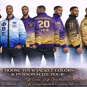 Giacca bomber personalizzata con effetto sfumato per confraternita, giacca con lettere greche personalizzate, nome e numero di riga, anno di inizio anno, capitolo, giacche varsity in raso
