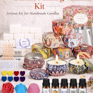 May include: A candle-making kit with various supplies. The kit includes colorful, patterned tins, essential oils, wax, molds, and wicks. The text on the image reads "Candle Making Kit" and "Artisan Kit for Handmade Candles". The kit is curated for artists.