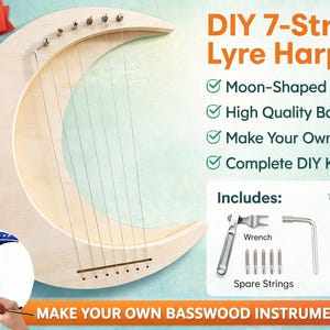 May include: A DIY 7-string lyre harp kit with a moon-shaped design. The kit includes high-quality basswood, a wrench, spare strings, and tuning pegs. The text reads "Make Your Own Basswood Instrument."
