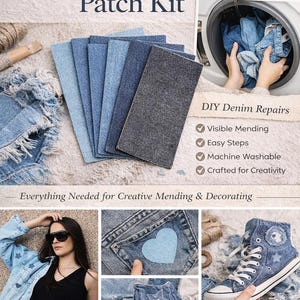 May include: Denim Repair Patch Kit with six shades of denim patches. The image shows a washing machine with denim, and examples of denim repairs and decorations. Text includes "Curated for Artists" and "Everything Needed for Creative Mending & Decorating."