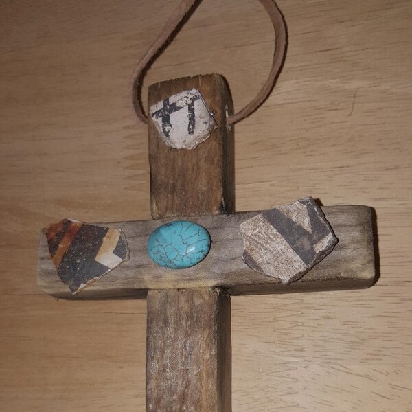 small reclaimed wood cross with anasazi pot shards and howlite turquoise