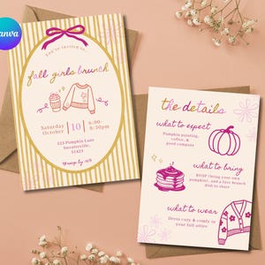 May include: Two rectangular invitation cards with cream backgrounds and pink and gold text. The left card features a gold striped border, a pink bow, and illustrations of a coffee cup and sweater. The right card lists event details with icons of a pumpkin, pancakes, and a cardigan.