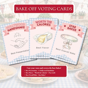 May include: Three rectangular voting cards with a light blue gingham border and pink background. The cards feature illustrations of a handshake, a block of butter, and a cake stand, with text reading Hollywood Handshake, Worth The Calories, and Star Baker.