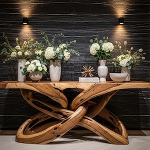 Live Edge Wood Console Table – Organic Root Base Entryway Furniture – Rustic Modern Hallway Statement