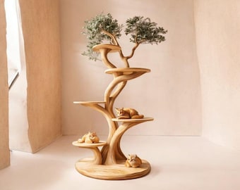 Handcrafted Solid Wood Cat Tree Tower | Modern Natural Cat Furniture, Sculptural Condo Shelf