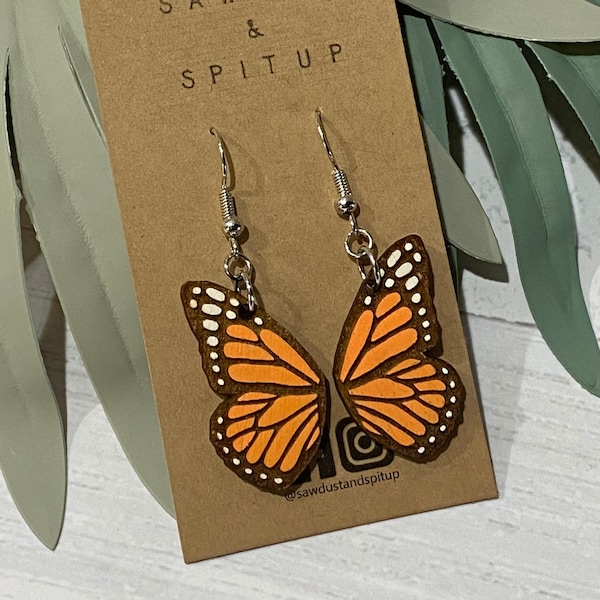 Wood Monarch Butterfly Wing inspired Dangle Earrings