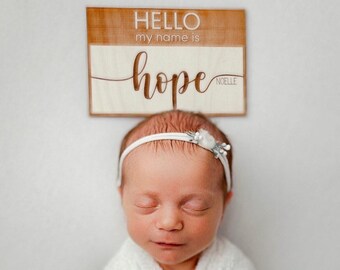 Wood Baby Name Announcement - Hello My Name Is Wood Cutout - Perfect for Newborn Photo Prop Name Tag - Personalized Hospital Announcement