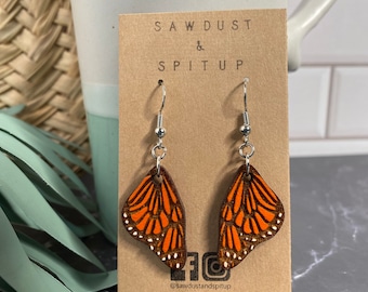 Wood Monarch Butterfly Wing inspired Dangle Earrings