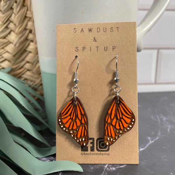 Wood Monarch Butterfly Wing inspired Dangle Earrings