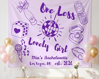 Banner de despedida de soltera "One Less Lonely Girl", decoraciones personalizadas para fiestas, regalo para despedida de soltera, telón de fondo para despedida de soltera, banner para futura novia