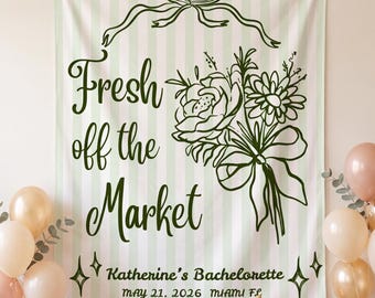 Banner "Recién salido del mercado", decoración para despedida de soltera, fondo para despedida de soltera, letrero personalizado para la novia, fiesta de despedida de soltera con temática cítrica, banner para fotomatón