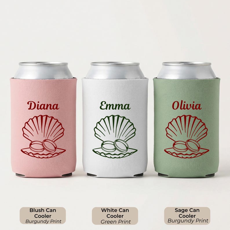 Personalized Seashell Pearl Can Cooler, Bachelorette Favors, Coastal ...