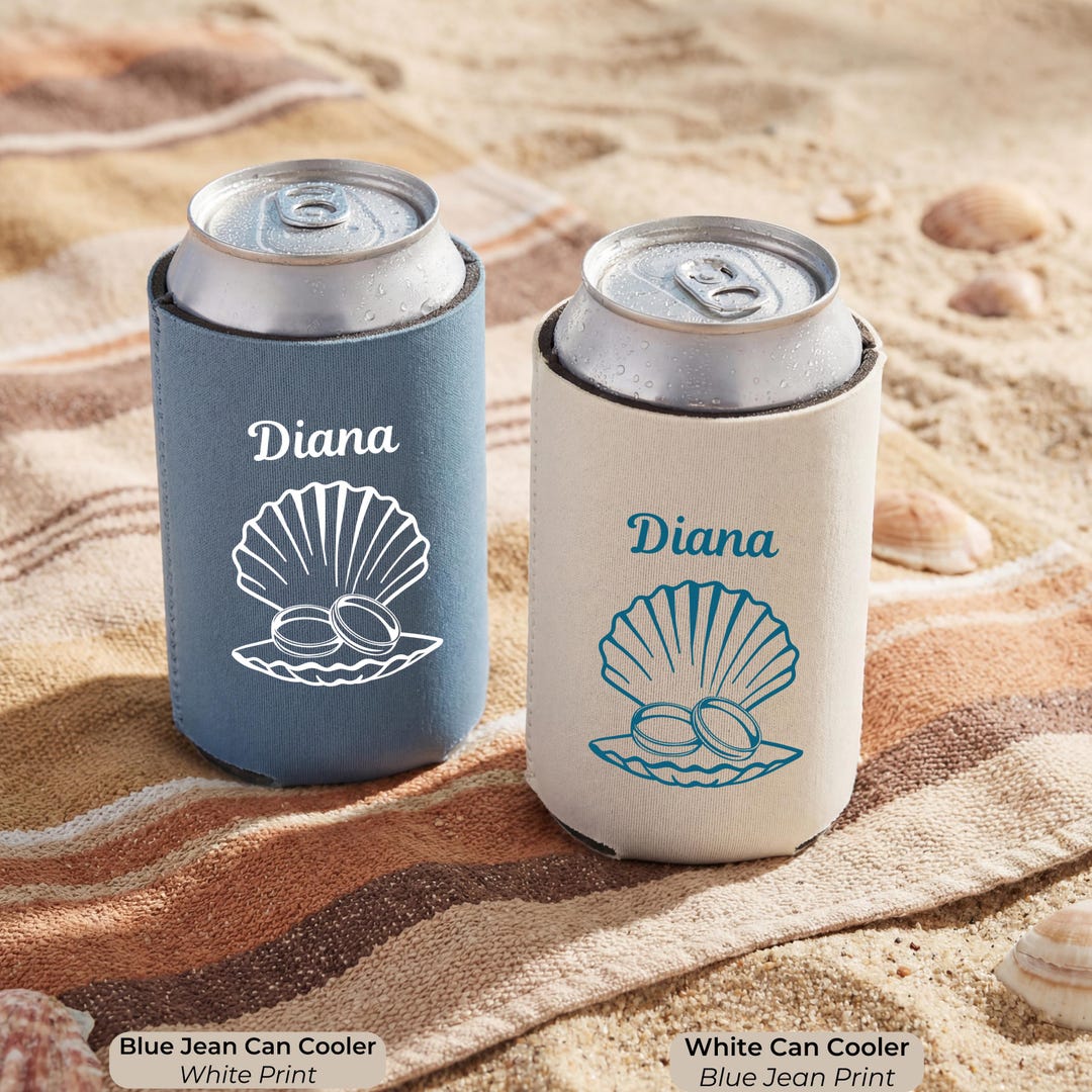 Personalized Seashell Pearl Can Cooler, Bachelorette Favors, Coastal ...