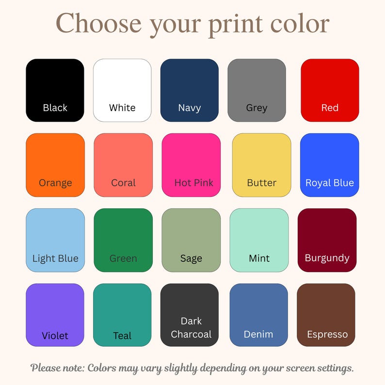 Puede incluir: Una carta de colores con 20 opciones, incluyendo negro, blanco, azul marino, gris, rojo, naranja, coral, rosa intenso, mantequilla, azul real, azul claro, verde, salvia, menta, borgo&ntilde;a, violeta, turquesa, carb&oacute;n oscuro, mezclilla y espresso. Texto: "Elige tu color de impresi&oacute;n."