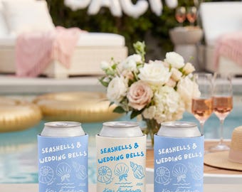 Portabevande termico per addio al nubilato con conchiglie e campane nuziali, bomboniera personalizzata per festa di addio al nubilato in spiaggia, copribevande personalizzato con nome, copribevande per addio al nubilato in spiaggia