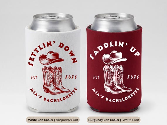 Settlin Down Saddlin Up Can Cooler, Personalized Western Bachelorette Favors, Custom Cowgirl Bachelorette Koozies, Bridesmaid Gift